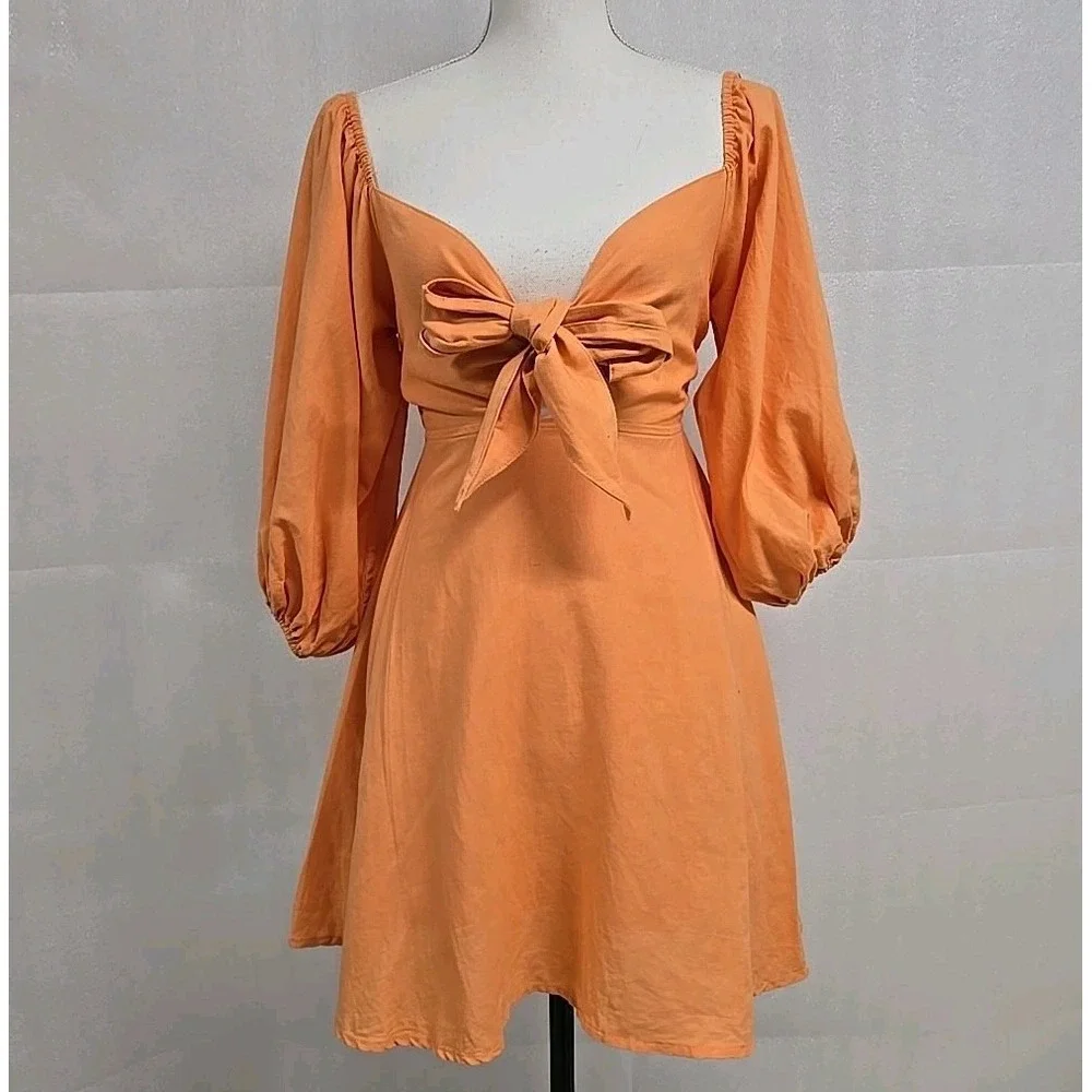 Charlie Holiday Anthropologie Sonny Knot Front Dress Linen Blend  Orange Size‎ 2